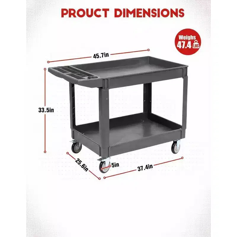 Chariot de service roulant à 2 niveaux avec roues, 101,6 x 43,2 cm, Chariot utilitaire en plastique de 250 kg, Établis pour garage, entrepôt, atelier