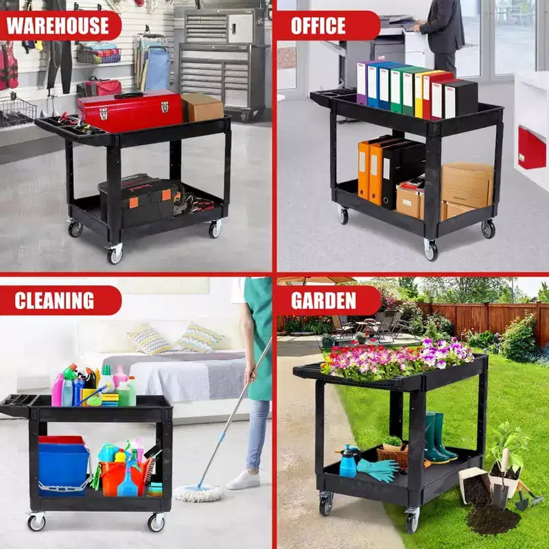 Chariot de service roulant à 2 niveaux avec roues, 101,6 x 43,2 cm, Chariot utilitaire en plastique de 250 kg, Établis pour garage, entrepôt, atelier