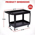 Chariot de service roulant à 2 niveaux avec roues, 101,6 x 43,2 cm, Chariot utilitaire en plastique de 250 kg, Établis pour garage, entrepôt, atelier