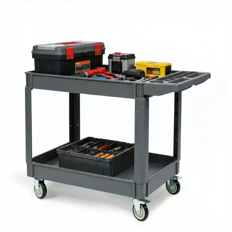 Chariot de service roulant à 2 niveaux avec roues, 101,6 x 43,2 cm, Chariot utilitaire en plastique de 250 kg, Établis pour garage, entrepôt, atelier