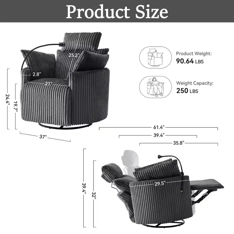 Fauteuil inclinable en velours côtelé, fauteuil pivotant à 360° avec dossier et repose-pieds réglables, fauteuil à bascule avec support de téléphone - ModernLuxe