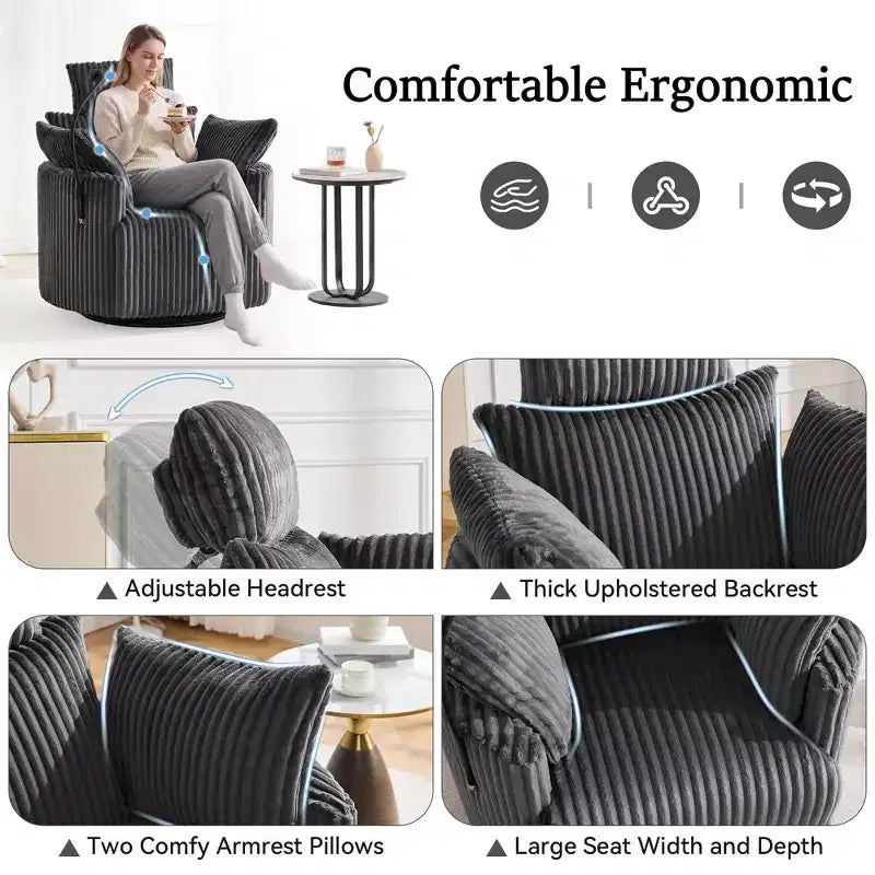 Fauteuil inclinable en velours côtelé, fauteuil pivotant à 360° avec dossier et repose-pieds réglables, fauteuil à bascule avec support de téléphone - ModernLuxe
