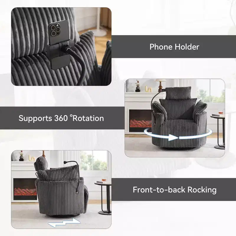 Fauteuil inclinable en velours côtelé, fauteuil pivotant à 360° avec dossier et repose-pieds réglables, fauteuil à bascule avec support de téléphone - ModernLuxe