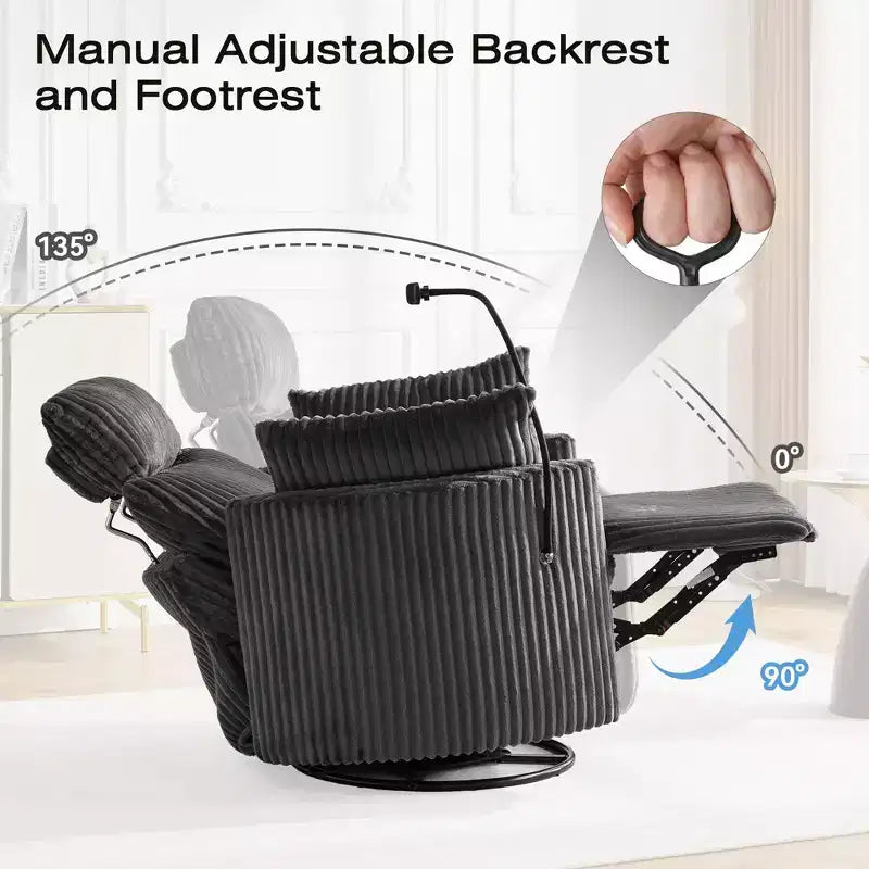 Fauteuil inclinable en velours côtelé, fauteuil pivotant à 360° avec dossier et repose-pieds réglables, fauteuil à bascule avec support de téléphone - ModernLuxe