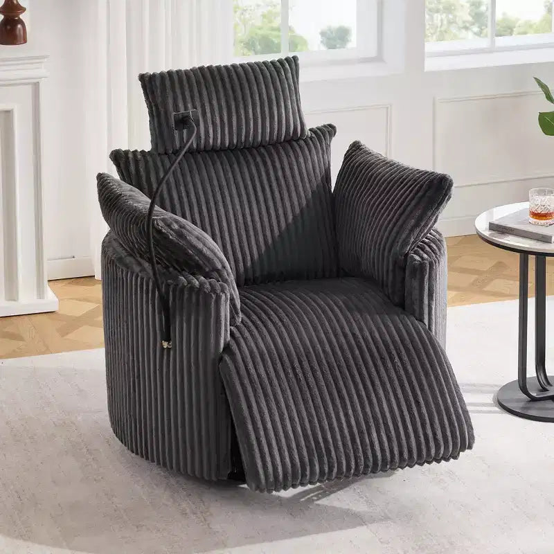 Corduroy Recliner Chair, 360 Swivel Armchair with Adjustable Backrest and Footrest, Rocking Chair with Phone Holder - ModernLuxe