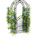 8 Feet Heavy Duty Black Metal Garden Arch with Gate - Trellis for Climbing Roses,Vines and Flowers - Outdoor Decorative Fence for Patio,Lawn and Yard