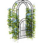 8 Feet Heavy Duty Black Metal Garden Arch with Gate - Trellis for Climbing Roses,Vines and Flowers - Outdoor Decorative Fence for Patio,Lawn and Yard