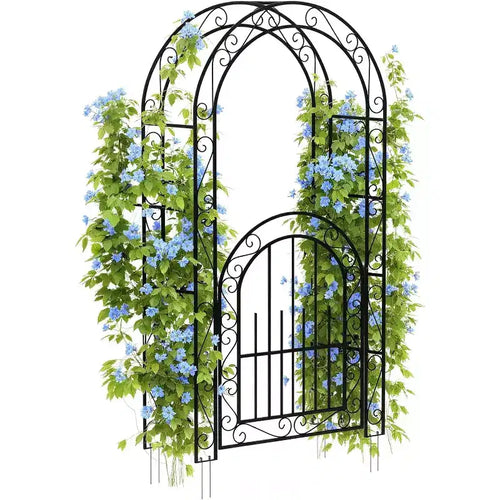 8 Feet Heavy Duty Black Metal Garden Arch with Gate - Trellis for Climbing Roses,Vines and Flowers - Outdoor Decorative Fence for Patio,Lawn and Yard