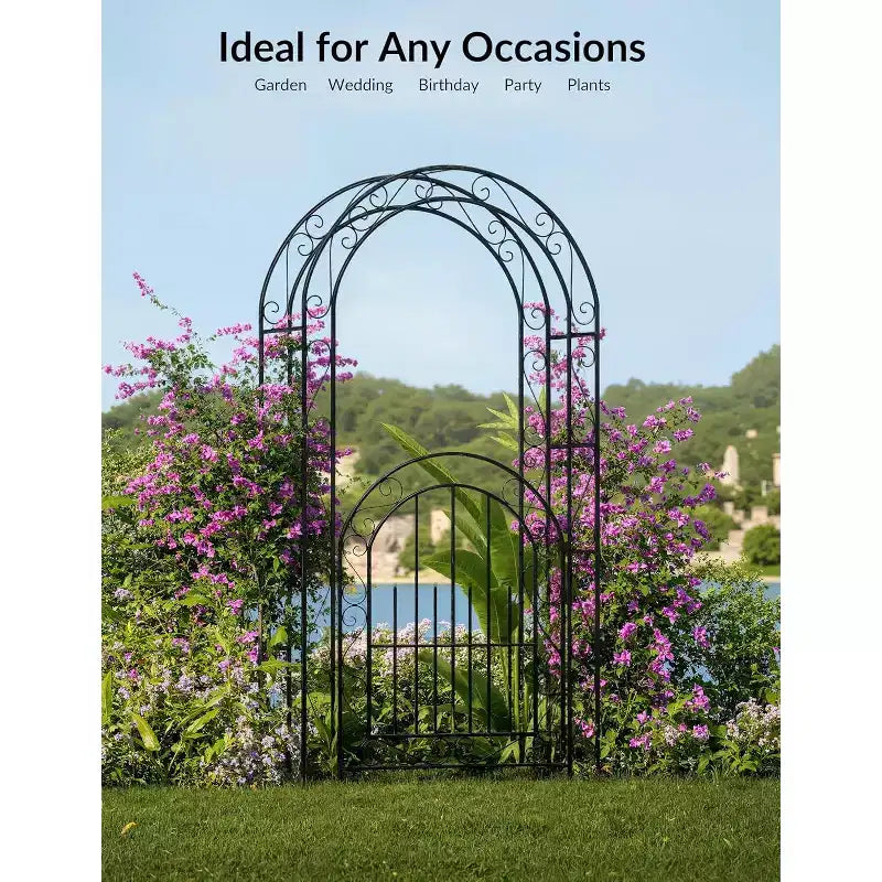 Arche de jardin en métal noir très résistante de 2,40 m avec portillon - Treillis pour rosiers grimpants, vignes et fleurs - Clôture décorative extérieure pour patio, pelouse et jardin