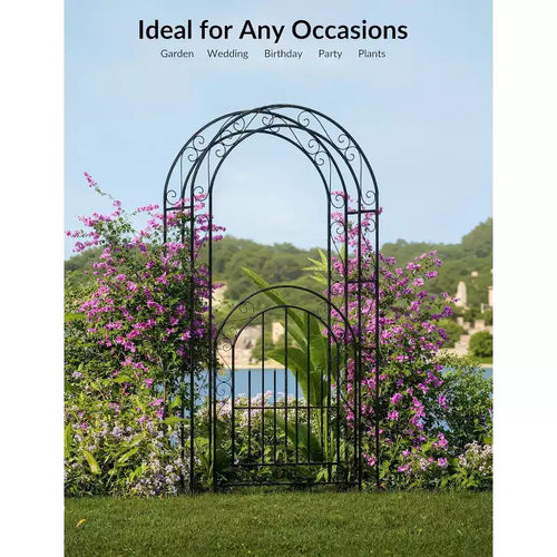 Arche de jardin en métal noir très résistante de 2,40 m avec portillon - Treillis pour rosiers grimpants, vignes et fleurs - Clôture décorative extérieure pour patio, pelouse et jardin