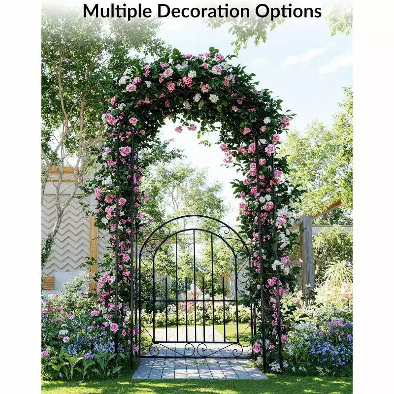 Arche de jardin en métal noir très résistante de 2,40 m avec portillon - Treillis pour rosiers grimpants, vignes et fleurs - Clôture décorative extérieure pour patio, pelouse et jardin