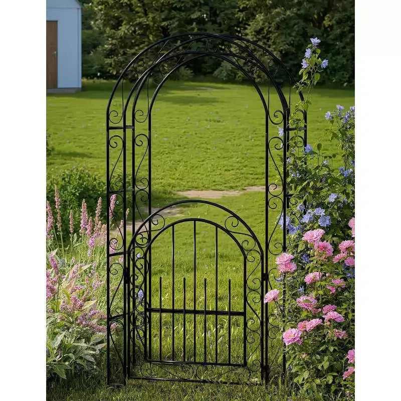 Arche de jardin en métal noir très résistante de 2,40 m avec portillon - Treillis pour rosiers grimpants, vignes et fleurs - Clôture décorative extérieure pour patio, pelouse et jardin