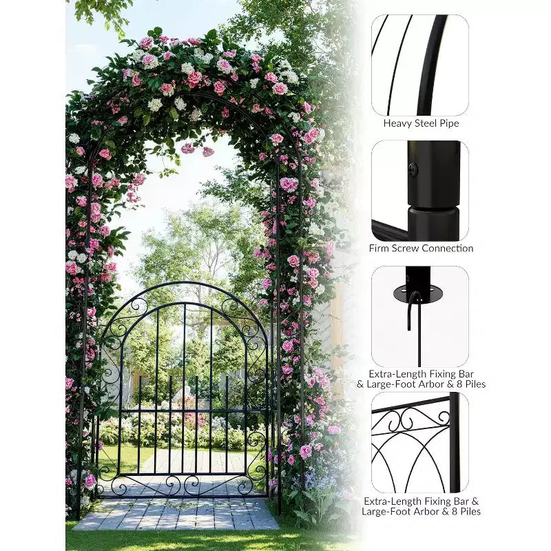 Arche de jardin en métal noir très résistante de 2,40 m avec portillon - Treillis pour rosiers grimpants, vignes et fleurs - Clôture décorative extérieure pour patio, pelouse et jardin