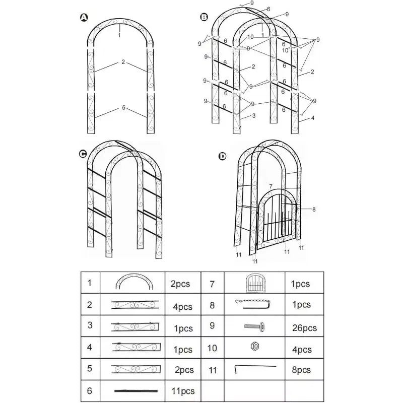 Arche de jardin en métal noir très résistante de 2,40 m avec portillon - Treillis pour rosiers grimpants, vignes et fleurs - Clôture décorative extérieure pour patio, pelouse et jardin