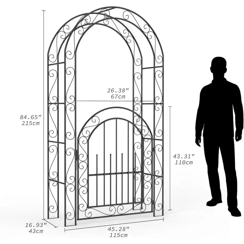 Arche de jardin en métal noir très résistante de 2,40 m avec portillon - Treillis pour rosiers grimpants, vignes et fleurs - Clôture décorative extérieure pour patio, pelouse et jardin