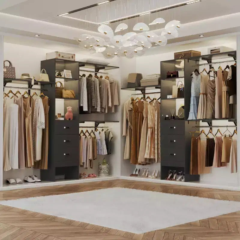 Système de placard Besiost avec 3 tringles, 3 tiroirs et 3 tours d'étagères, organisateur de dressing de 1,5 à 2,4 m