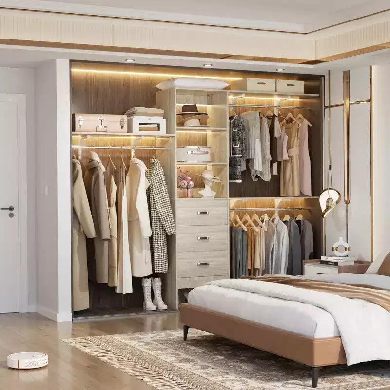 Système de placard Besiost avec 3 tringles, 3 tiroirs et 3 tours d'étagères, organisateur de dressing de 1,5 à 2,4 m