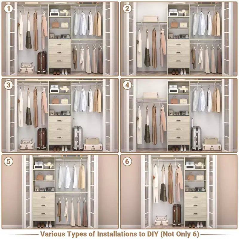 Système de placard Besiost avec 3 tringles, 3 tiroirs et 3 tours d'étagères, organisateur de dressing de 1,5 à 2,4 m