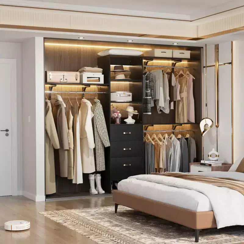 Système de placard Besiost avec 3 tringles, 3 tiroirs et 3 tours d'étagères, organisateur de dressing de 1,5 à 2,4 m