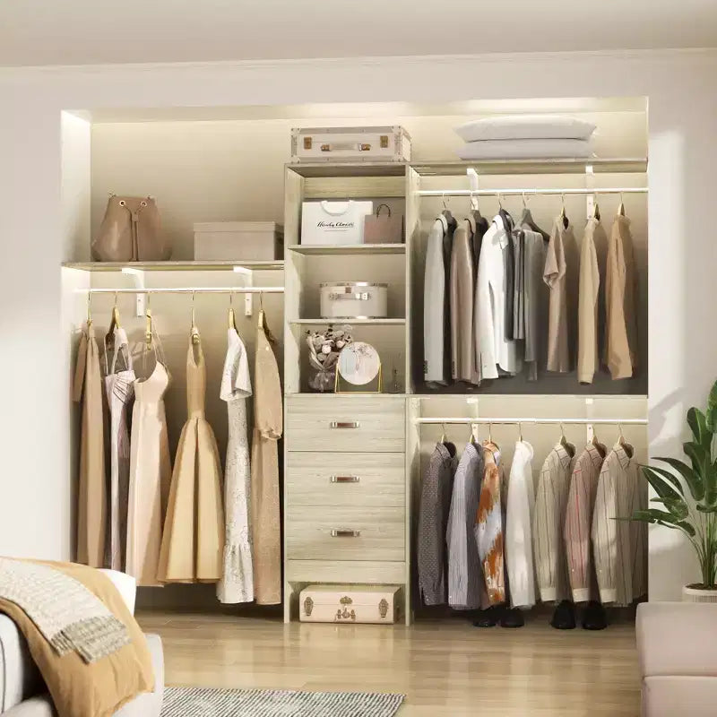 Besiost Closet System with 3 Hanging Rods, 3 Drawers and 3 Shelving Tower, 5-8FT Walk-in Closet Organizer