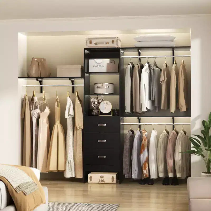 Système de placard Besiost avec 3 tringles, 3 tiroirs et 3 tours d'étagères, organisateur de dressing de 1,5 à 2,4 m