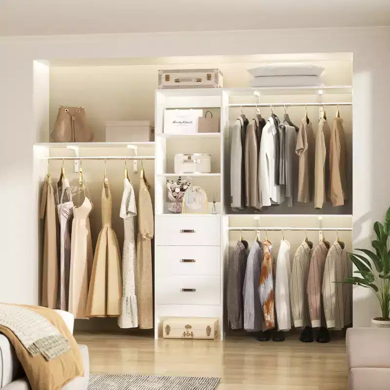 Système de placard Besiost avec 3 tringles, 3 tiroirs et 3 tours d'étagères, organisateur de dressing de 1,5 à 2,4 m