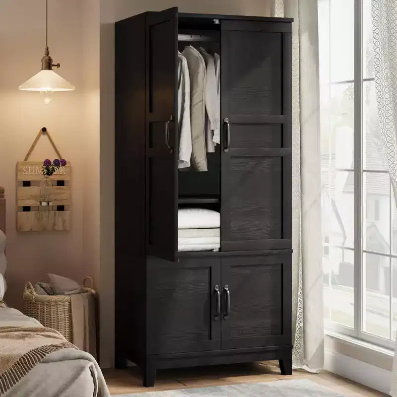 72 Tall Modern Wooden Armoire Wardrobe Closet, 4 Doors, 18 Adjustable Shelves & Hanging Rod, Freestanding Bedroom Storage Cabinet