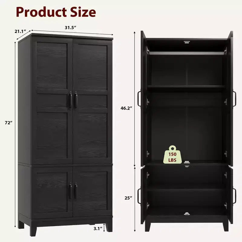 Armoire penderie moderne en bois de 183 cm de haut, 4 portes, 18 étagères réglables et tringle de suspension, armoire de rangement autoportante pour chambre à coucher.
