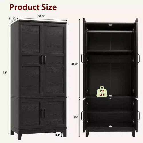 Armoire penderie moderne en bois de 183 cm de haut, 4 portes, 18 étagères réglables et tringle de suspension, armoire de rangement autoportante pour chambre à coucher.