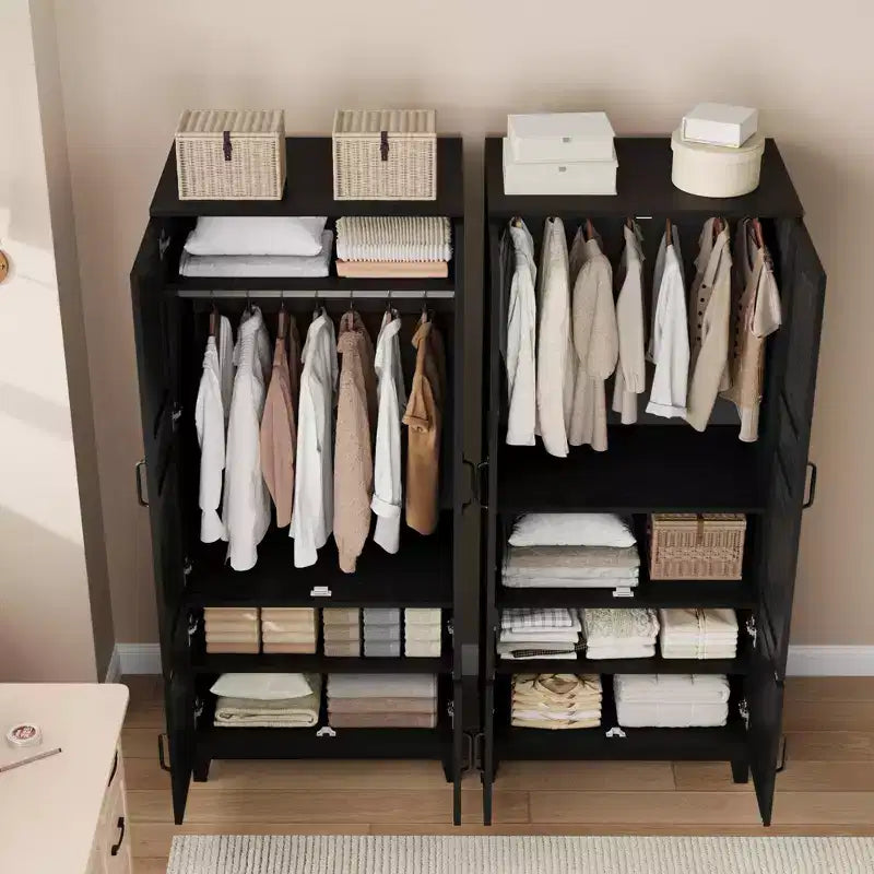 Armoire penderie moderne en bois de 183 cm de haut, 4 portes, 18 étagères réglables et tringle de suspension, armoire de rangement autoportante pour chambre à coucher.