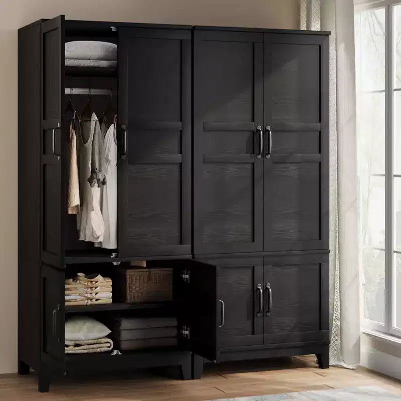 Armoire penderie moderne en bois de 183 cm de haut, 4 portes, 18 étagères réglables et tringle de suspension, armoire de rangement autoportante pour chambre à coucher.