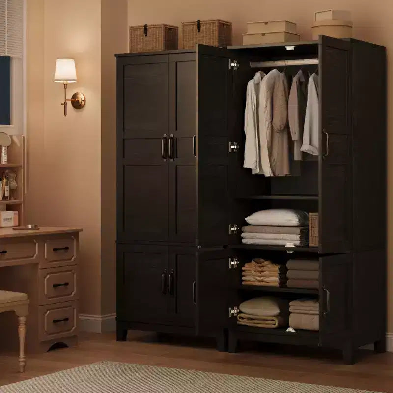Armoire penderie moderne en bois de 183 cm de haut, 4 portes, 18 étagères réglables et tringle de suspension, armoire de rangement autoportante pour chambre à coucher.