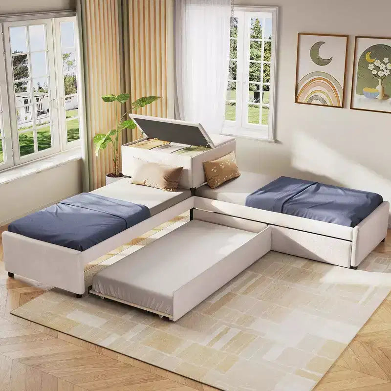 Whisen Twin Size L-shaped Upholstered Platform Bed with Built-in Desk, Trundle and Two Drawers