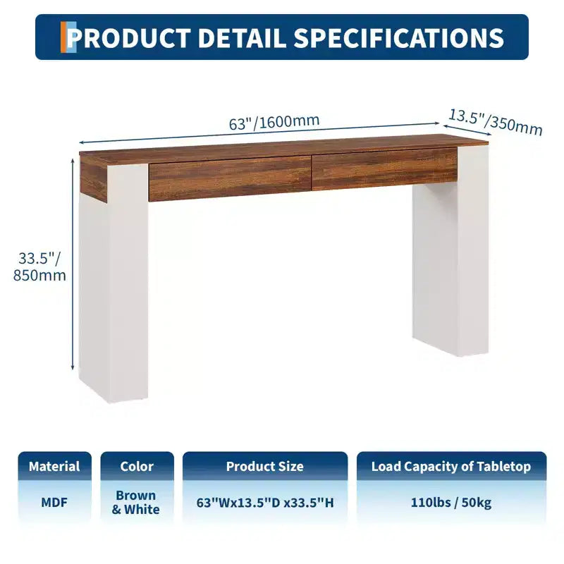 Console étroite de 160 cm avec 2 tiroirs, Table de canapé d'entrée avec rangement, Meuble d'appoint fin pour couloir de salon