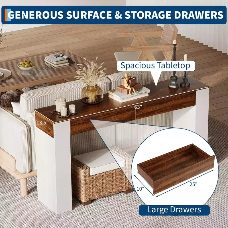 Console étroite de 160 cm avec 2 tiroirs, Table de canapé d'entrée avec rangement, Meuble d'appoint fin pour couloir de salon