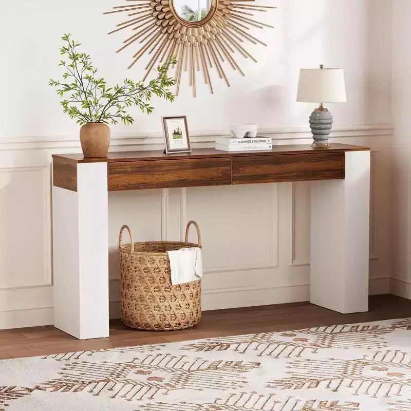 Console étroite de 160 cm avec 2 tiroirs, Table de canapé d'entrée avec rangement, Meuble d'appoint fin pour couloir de salon