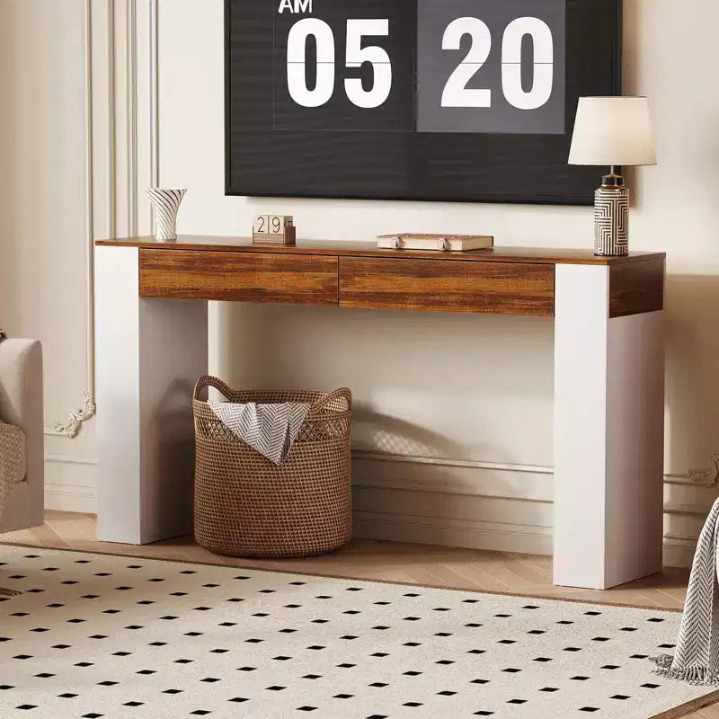 Console étroite de 160 cm avec 2 tiroirs, Table de canapé d'entrée avec rangement, Meuble d'appoint fin pour couloir de salon