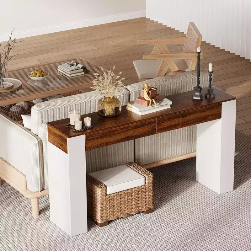 Console étroite de 160 cm avec 2 tiroirs, Table de canapé d'entrée avec rangement, Meuble d'appoint fin pour couloir de salon