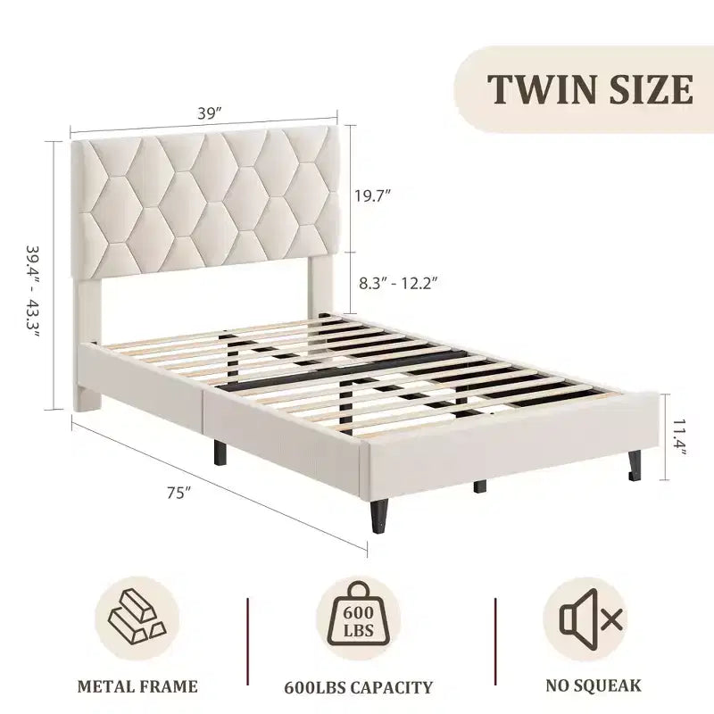 Cadre de lit plateforme rembourré avec tête de lit en tissu réglable Lattes en bois robustes, sans bruit, assemblage facile, aucun sommier tapissier requis