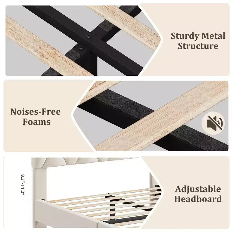 Cadre de lit plateforme rembourré avec tête de lit en tissu réglable Lattes en bois robustes, sans bruit, assemblage facile, aucun sommier tapissier requis