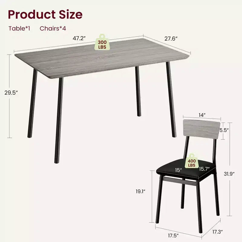 Ensemble Table à Manger Garvee pour 4 personnes avec bord biseauté et 4 chaises rembourréesEnsemble table et 4 chaises en bois pour salle à manger, cuisine, appartement