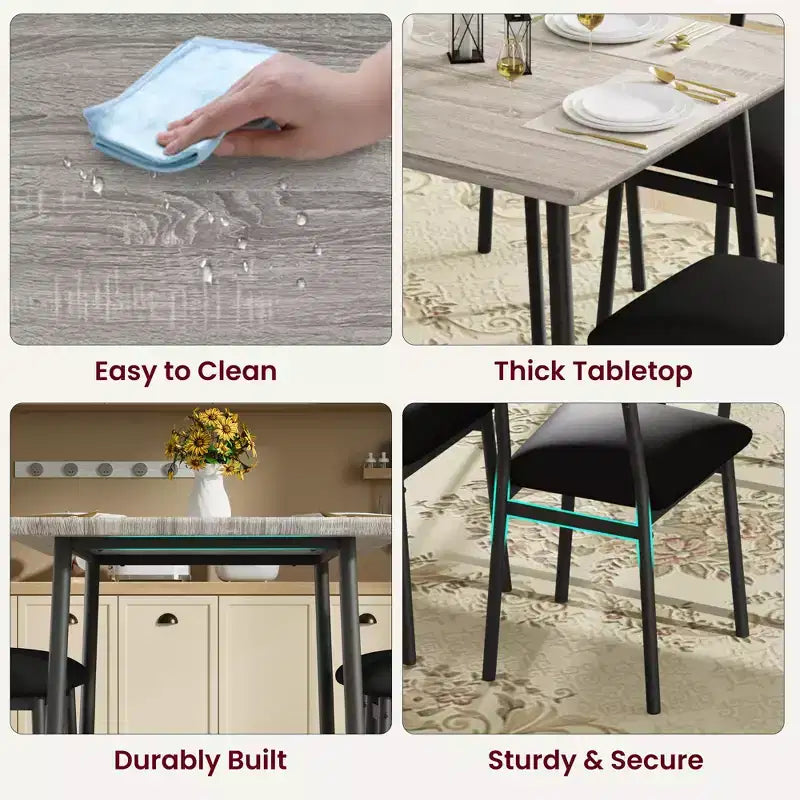 Ensemble Table à Manger Garvee pour 4 personnes avec bord biseauté et 4 chaises rembourréesEnsemble table et 4 chaises en bois pour salle à manger, cuisine, appartement