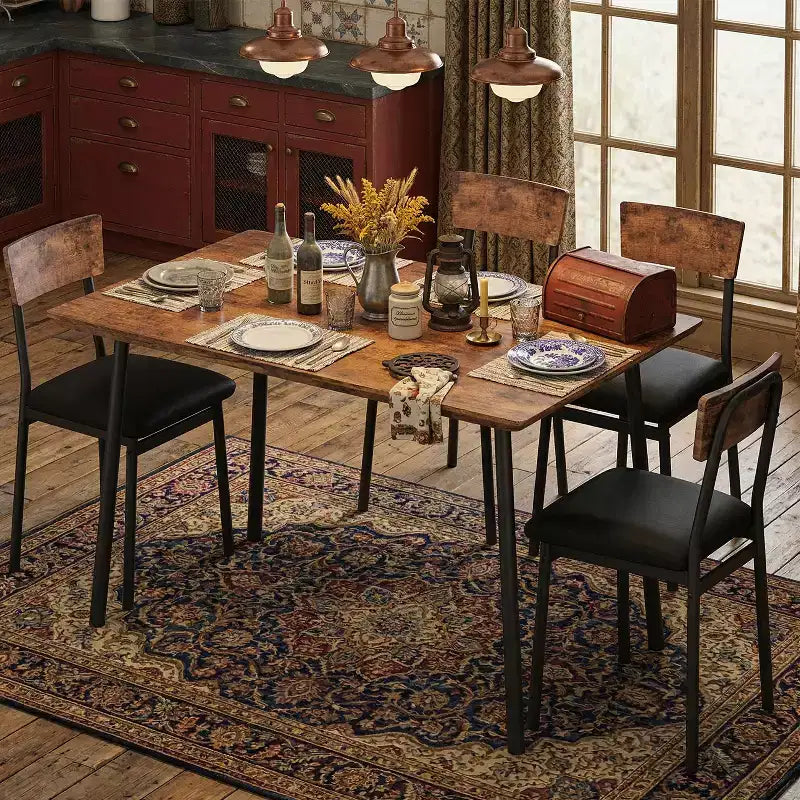 Ensemble Table à Manger Garvee pour 4 personnes avec bord biseauté et 4 chaises rembourréesEnsemble table et 4 chaises en bois pour salle à manger, cuisine, appartement