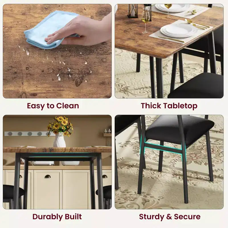 Ensemble Table à Manger Garvee pour 4 personnes avec bord biseauté et 4 chaises rembourréesEnsemble table et 4 chaises en bois pour salle à manger, cuisine, appartement