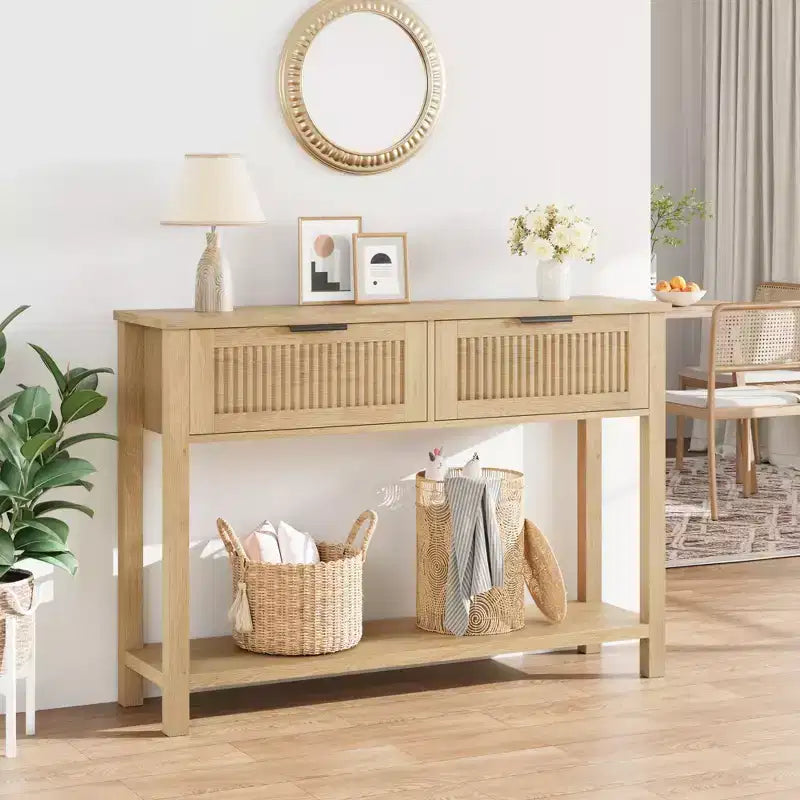 Table console de ferme de 43 pouces avec 2 tiroirs, Table d'entrée cannelée avec rangement, Table de canapé étroite pour couloir