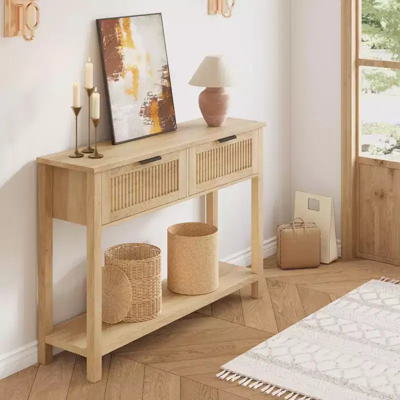 Table console de ferme de 43 pouces avec 2 tiroirs, Table d'entrée cannelée avec rangement, Table de canapé étroite pour couloir
