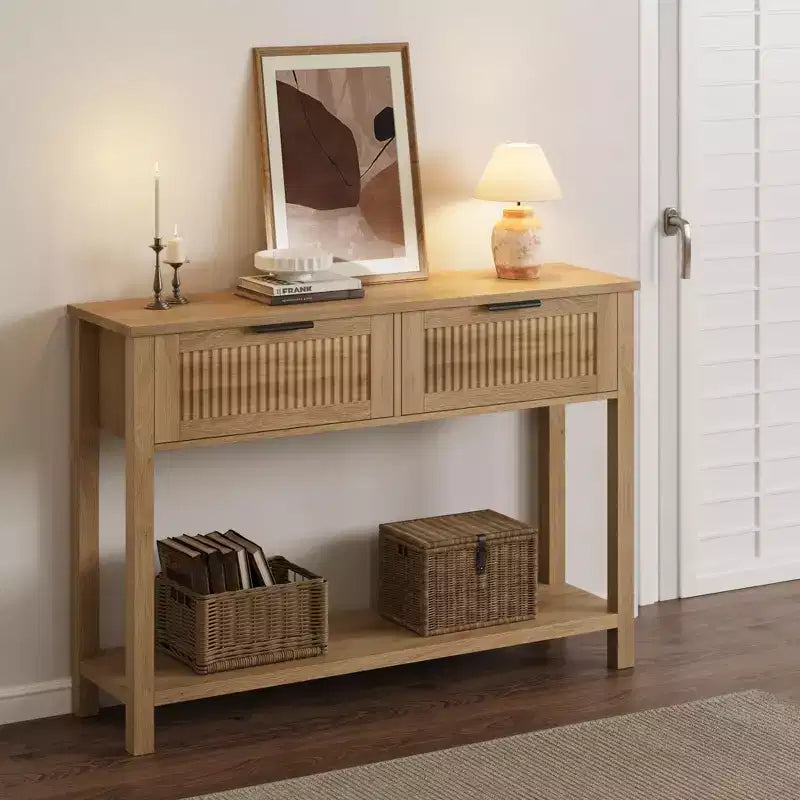 Table console de ferme de 43 pouces avec 2 tiroirs, Table d'entrée cannelée avec rangement, Table de canapé étroite pour couloir