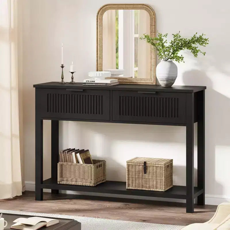 Table console de ferme de 43 pouces avec 2 tiroirs, Table d'entrée cannelée avec rangement, Table de canapé étroite pour couloir
