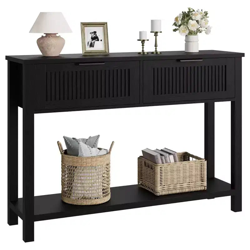Table console de ferme de 43 pouces avec 2 tiroirs, Table d'entrée cannelée avec rangement, Table de canapé étroite pour couloir