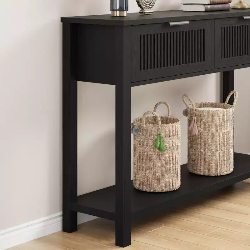 Table console de ferme de 43 pouces avec 2 tiroirs, Table d'entrée cannelée avec rangement, Table de canapé étroite pour couloir